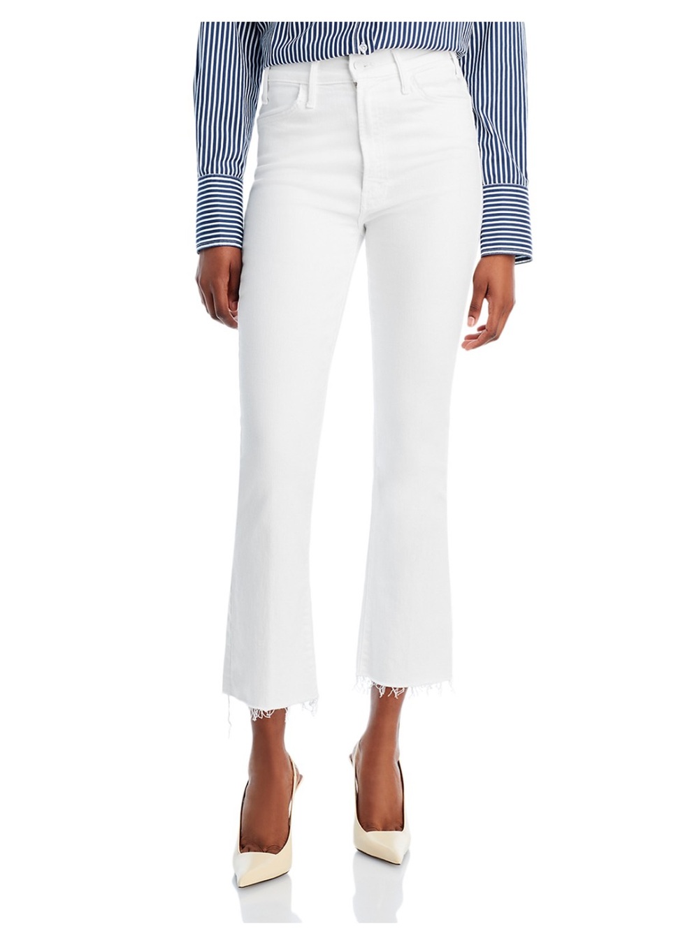 MOTHER White Cropped Frayed-Hem Jeans